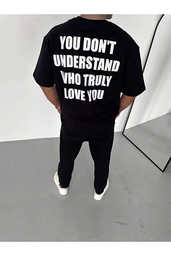 Unisex Bisiklet Yaka Baskılı Oversize T-Shirt - Siyah