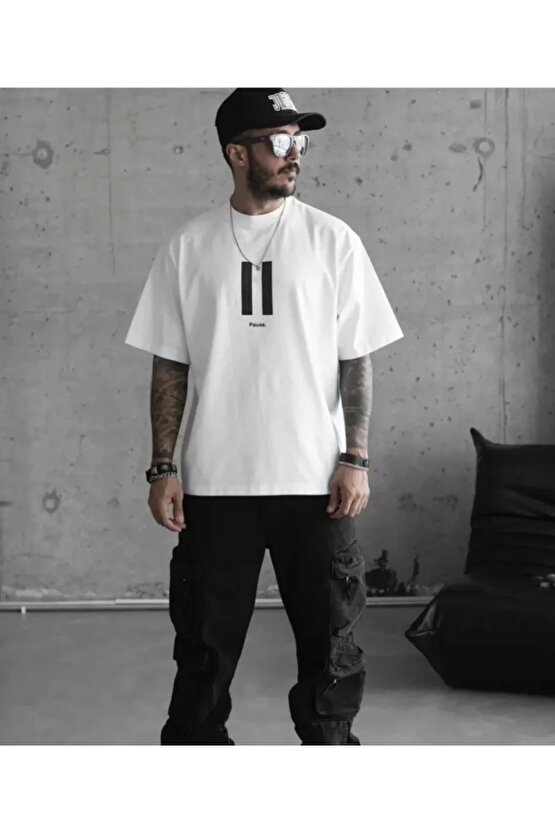 Unisex Bisiklet Yaka Baskılı Oversize T-Shirt - Beyaz