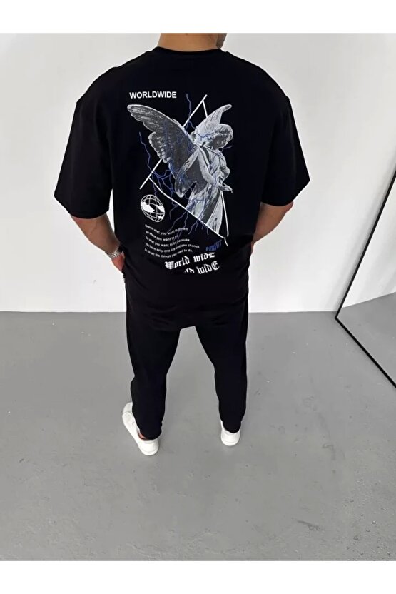 Unisex Bisiklet Yaka Baskılı Oversize T-Shirt - Siyah