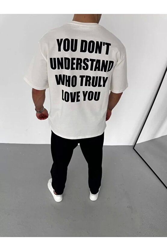 Unisex Bisiklet Yaka Baskılı Oversize T-Shirt - Beyaz