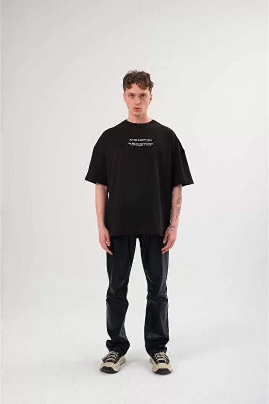 munn collection Unisex Bisiklet Yaka Baskılı Oversize T-Shirt - Siyah