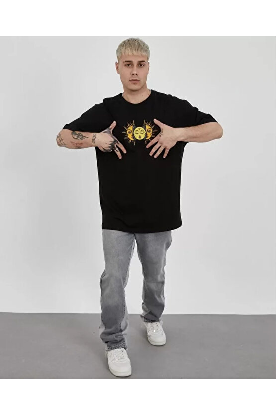 munn collection Unisex Bisiklet Yaka Baskılı Oversize T-Shirt - Siyah