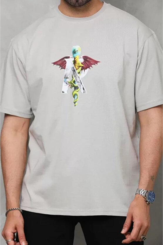 Edolika Unisex Bisiklet Yaka Baskılı Oversize T-Shirt - Gri