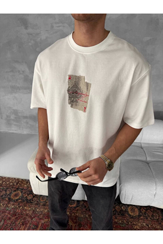 Erkek Ön Ve Arka Baskılı Oversize Bisiklet Yaka T-shirt - Beyaz