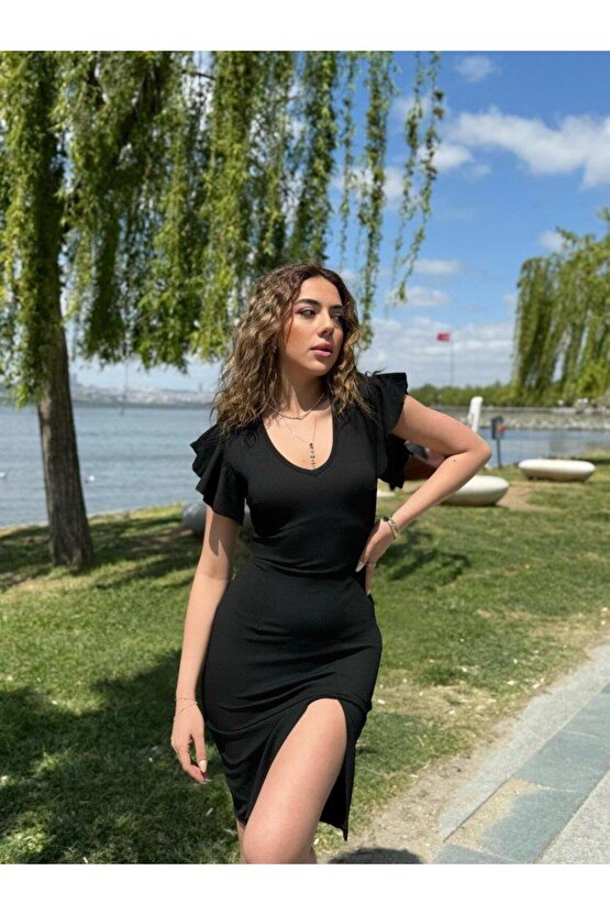 Kadın Kısa Kollu V Yakalı Kolları Volanlı Yandan Yırtmaçlı Kısa Janjan Krep Elbise