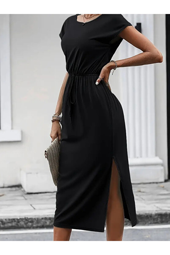 Kendim Fashion Kadın Kısa Kollu Yakası Açık Belden Kuşaklı Yandan Yırtmaçlı Midi Viskon Elbise