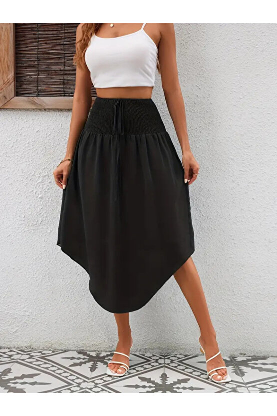 Dua Giyim Kadın Yüksek Bel Belden Bağlamalı Asimetrik Kesim Detaylı Sandy Etek