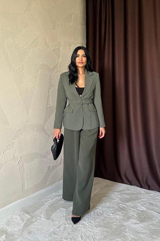 Haki Cep Kapaklı Ve Kemerli Ceket