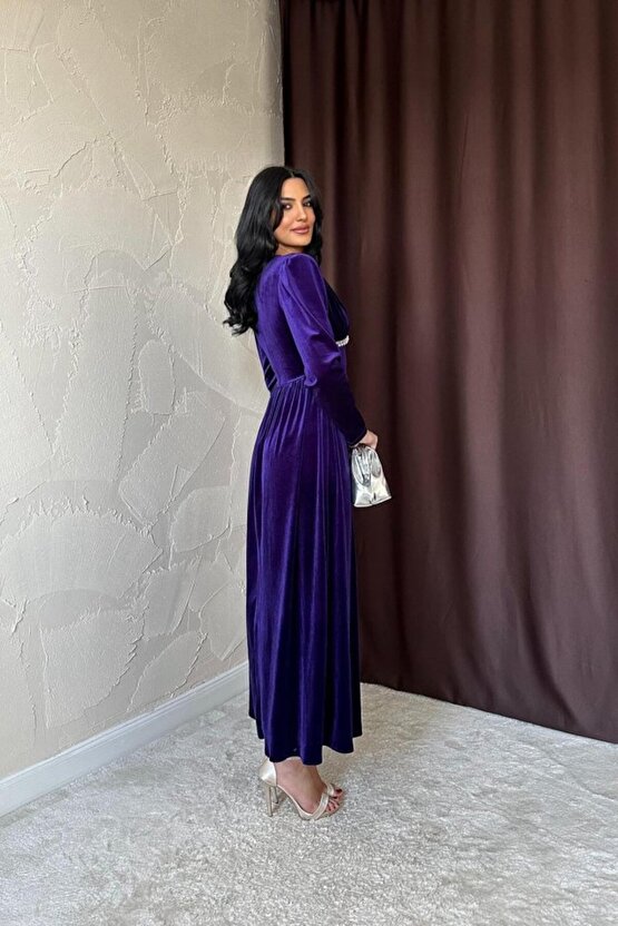 Mor Göğüs Altı Taşlı Elbise -COLLECTION
