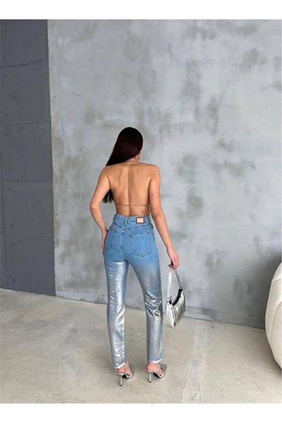 DİZ YIRTIK VARAKLI MOM KOT PANTOLON Gümüş