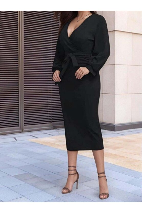 Kadın Uzun Kollu Kruvaze Yaka Belden Kuşaklı Midi Ithal Krep Elbise