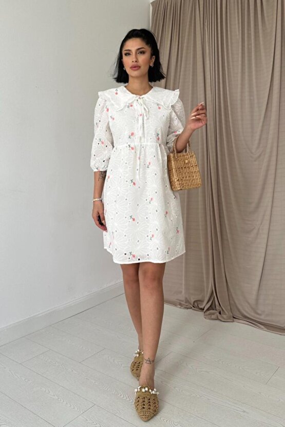 munn collection Pembe Bebe Yakalı Brode Elbise