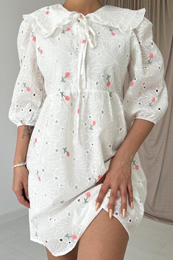 munn collection Pembe Bebe Yakalı Brode Elbise