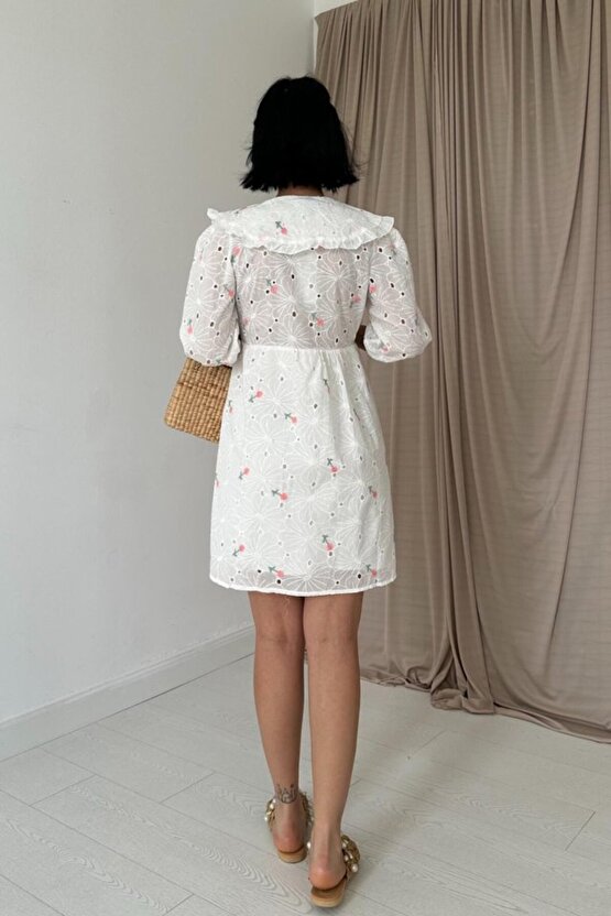 munn collection Pembe Bebe Yakalı Brode Elbise