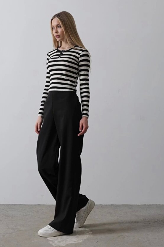 Beli Yarım Lastikli Palazzo Pantolon - Siyah