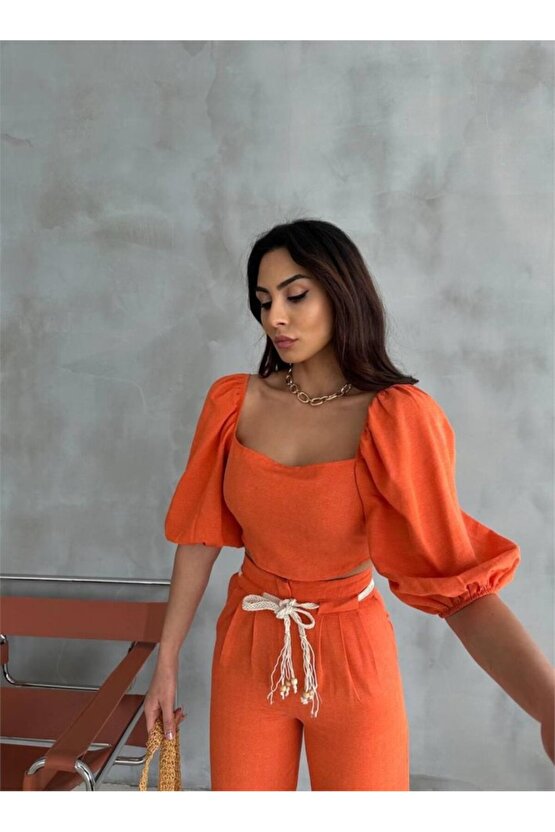 munn collection KETEN CROP KARPUZ KOL BLUZ-PANTOLON HASIR KEMERLİ - Orange