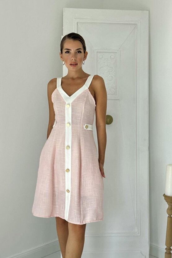 munn collection Pudra Ekru Süs Cepli Askılı Elbise