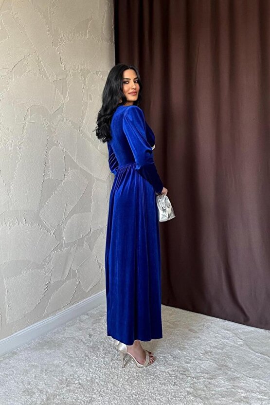 Kendim Fashion Saks Göğüs Altı Taşlı Elbise