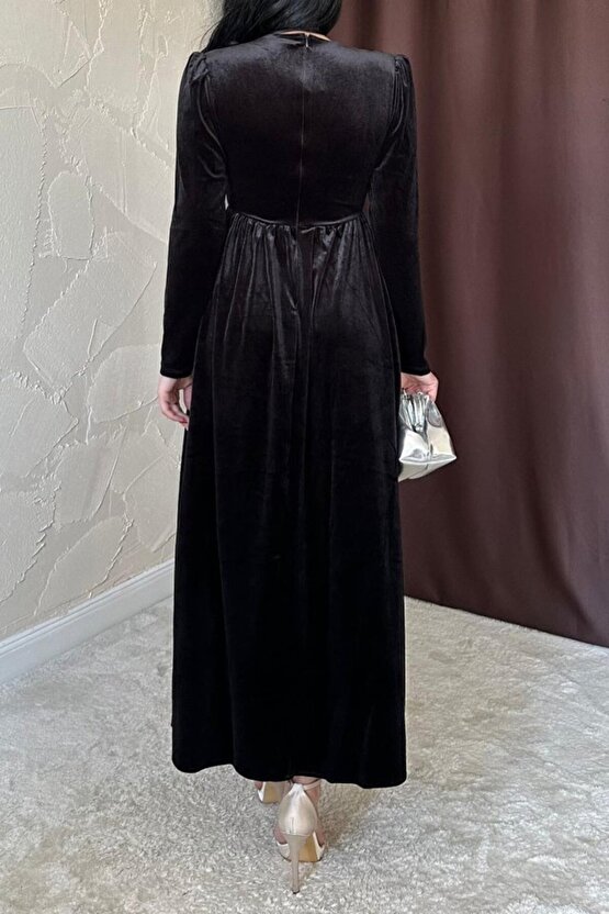 munn collection Siyah Göğüs Altı Taşlı Elbise