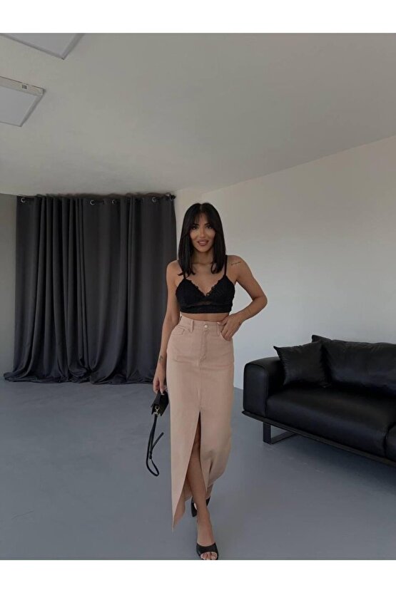 munn collection GABARDİN UZUN ÖNDEN YIRTMAÇLI ETEK - Kahverengi