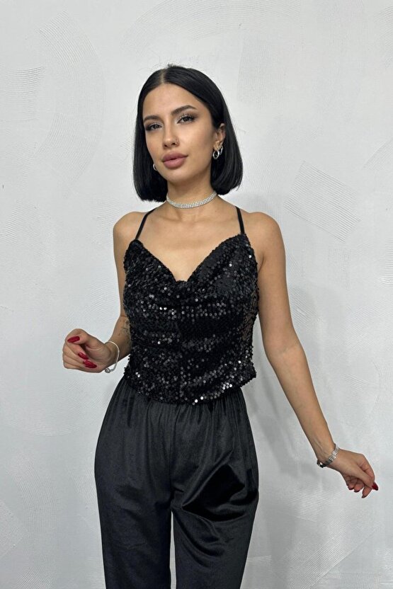 munn collection Siyah Askılı Degaje Bluz
