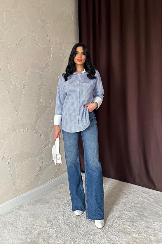 munn collection Mavi Çizgili Poplin Uzun Kol Gömlek