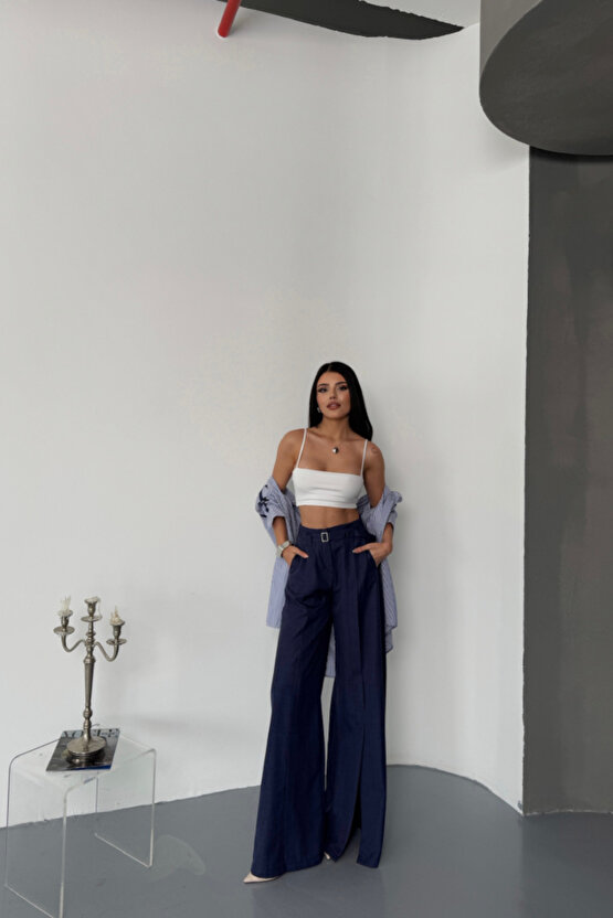 SALAŞ ÖNDEN YIRTMAÇ DETAYLI BEL KEMERLİ PANTOLON - Lacivert