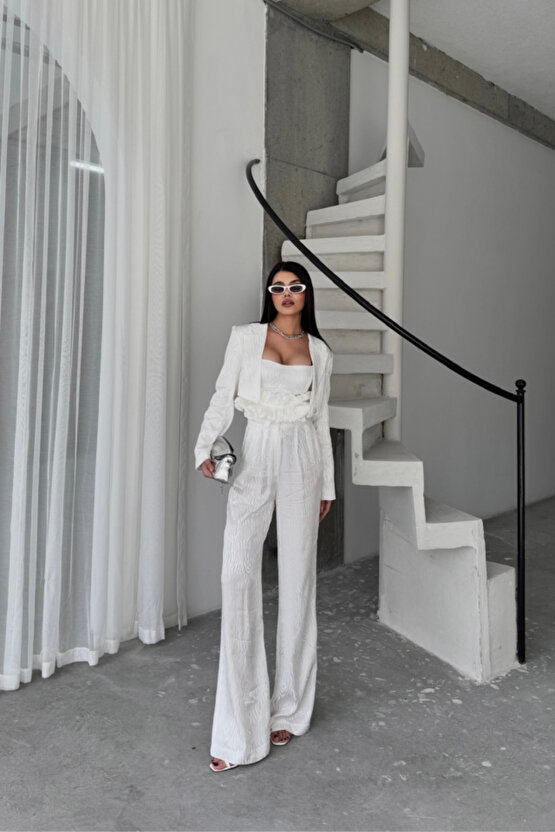 munn collection JAKARLI BLUZU TASARIM DETAYLI CEKET-PANTOLON-BLUZ 3 LÜ TAKIM - Beyaz