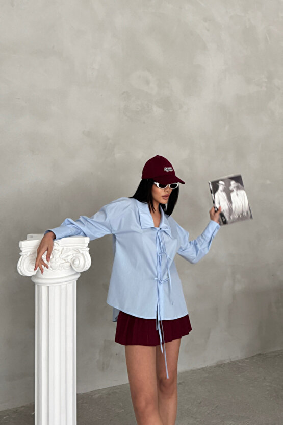 munn collection OKUL YAKA POPLİN GÖMLEK İP BAĞLAMA DETAYLI - Bebe Mavi