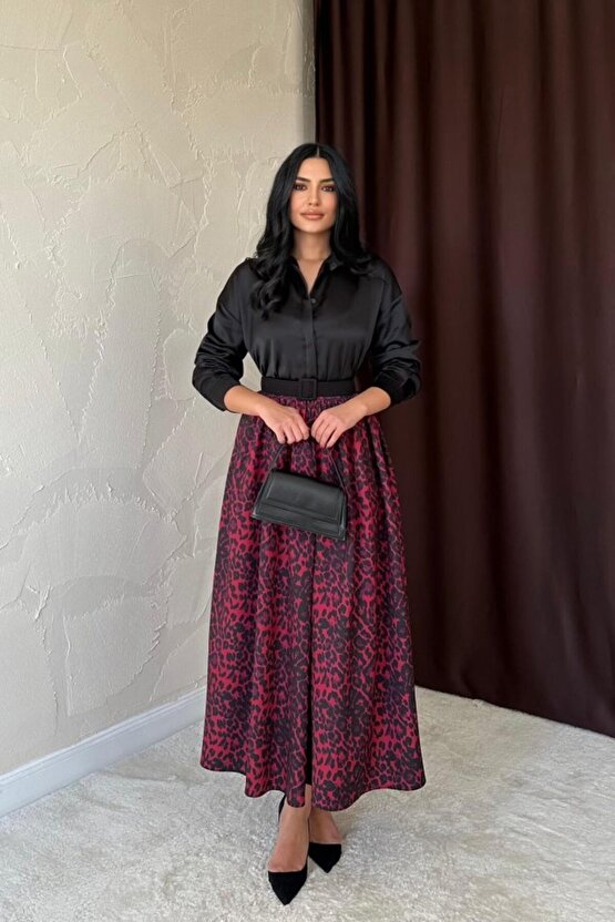 munn collection Bordo Leopar Büzgülü Uzun Etek