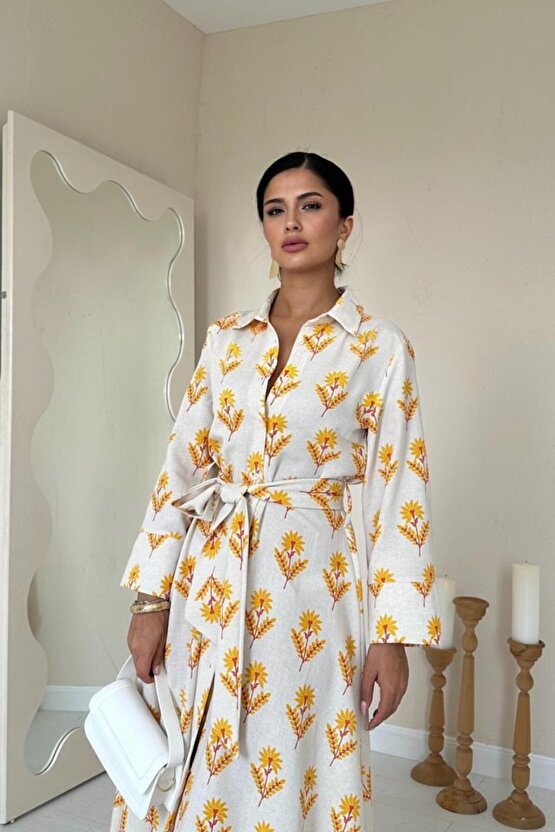 munn collection Bej Desenli Ve Önü Düğmeli Keten Elbise