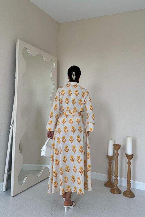 munn collection Bej Desenli Ve Önü Düğmeli Keten Elbise