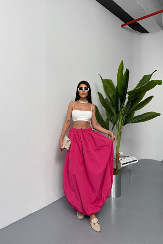 munn collection BEL LASTİKLİ BALON ETEK ŞANEL BOY SOFT KUMAŞ - Fuşya