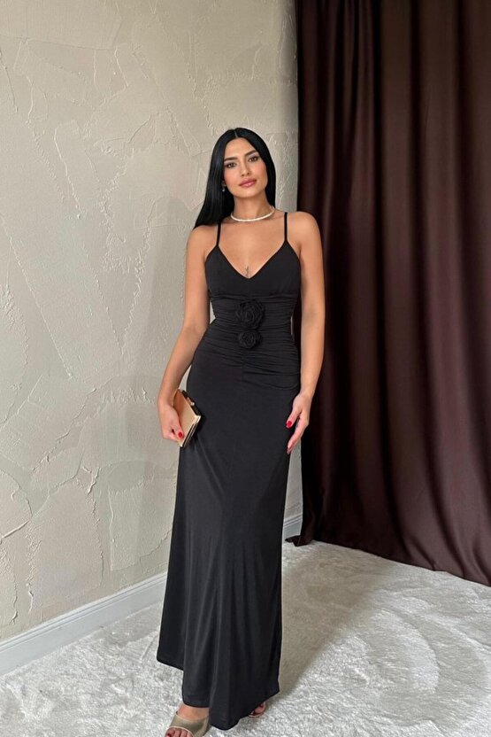 munn collection Siyah Büzgülü Uzun Güllü Elbise