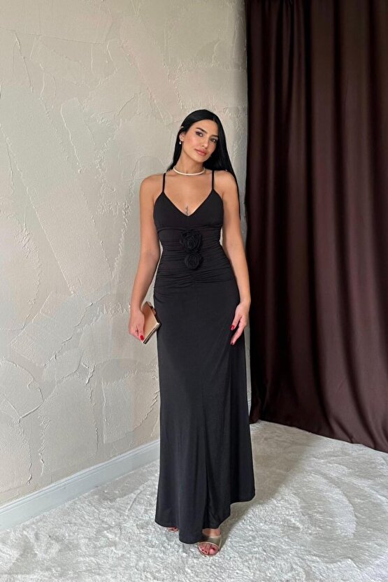 munn collection Siyah Büzgülü Uzun Güllü Elbise