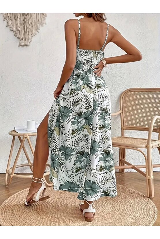 Kadın Ip Askılı V Yakalı Bel Güpür çiçek Desenli Yandan Yırtmaçlı Maksi Süprem Elbise