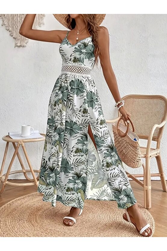 Kadın Ip Askılı V Yakalı Bel Güpür çiçek Desenli Yandan Yırtmaçlı Maksi Süprem Elbise