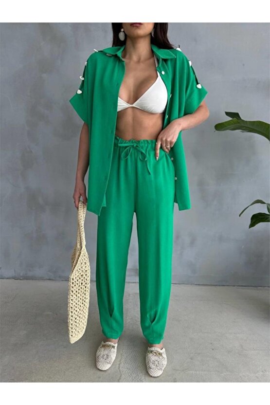 Kendim Fashion OMUZ MİDYE SIRALI BLUZ - PAÇA PENSLİ PANTOLON TAKIM - Yeşil
