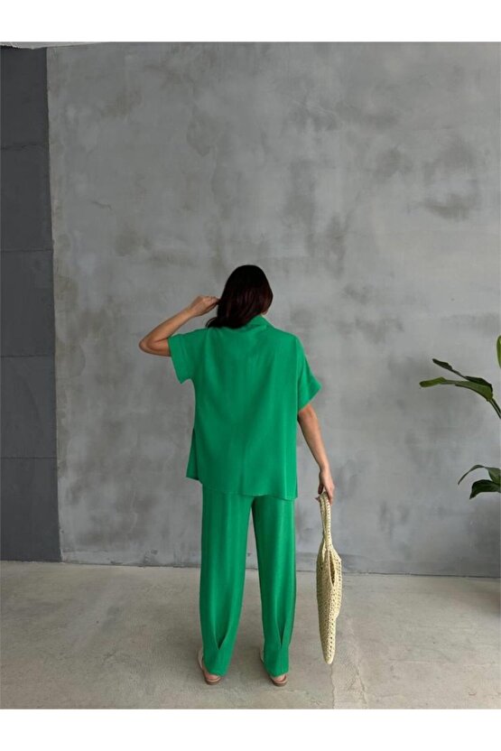 Kendim Fashion OMUZ MİDYE SIRALI BLUZ - PAÇA PENSLİ PANTOLON TAKIM - Yeşil