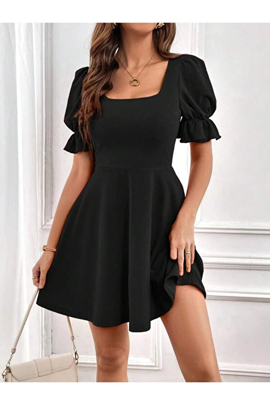 Kadın Kısa Kollu Kare Yakalı Kiloş Ithal Krep Elbise