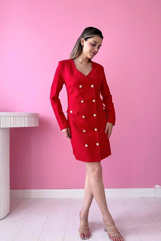 munn collection Kırmızı Gold Düğmeli Ceket Elbise