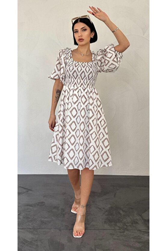 munn collection Vizon Kare Desenli Yazlık Elbise