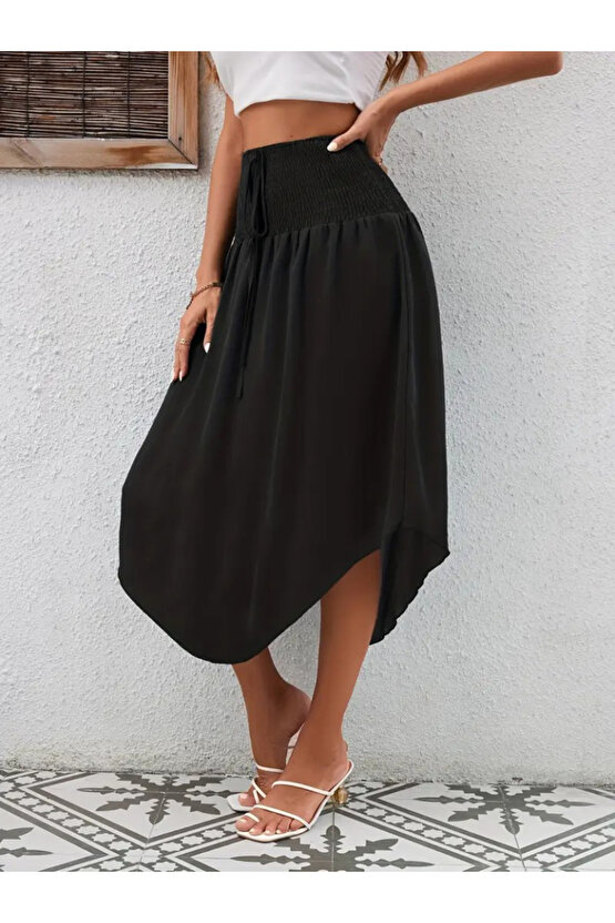 Dua Giyim Kadın Yüksek Bel Belden Bağlamalı Asimetrik Kesim Detaylı Sandy Etek