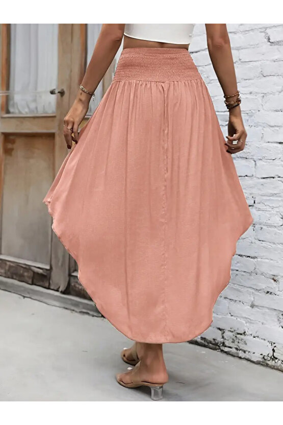 Kadın Yüksek Bel Belden Bağlamalı Asimetrik Kesim Detaylı Sandy Etek