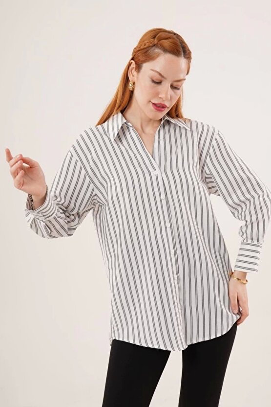 Çift Çizgi Geçişli Düğmeli Gri Gömlek