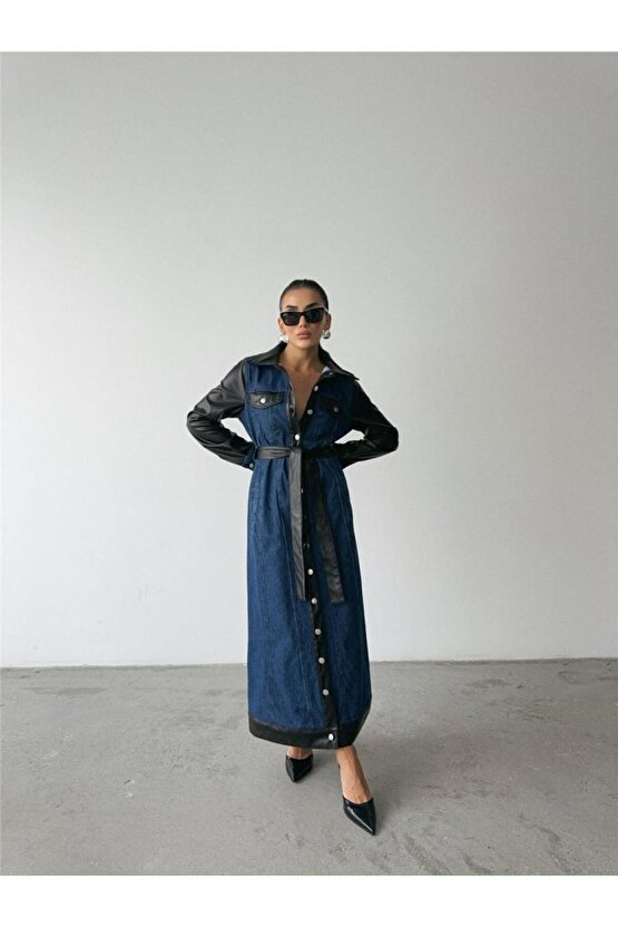 KOT ELBİSE UZUN ÖNDEN DÜĞMELİ - Mavi