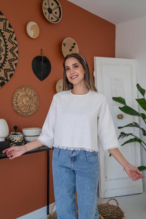 munn collection Beyaz Püskül Detaylı Bluz