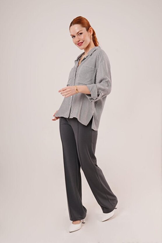 Dua Giyim Yarasa Kol Çizgili Cep Detaylı Gri Gömlek