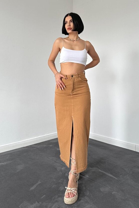 munn collection Camel Gabardin Boyamalı Püsküllü Etek