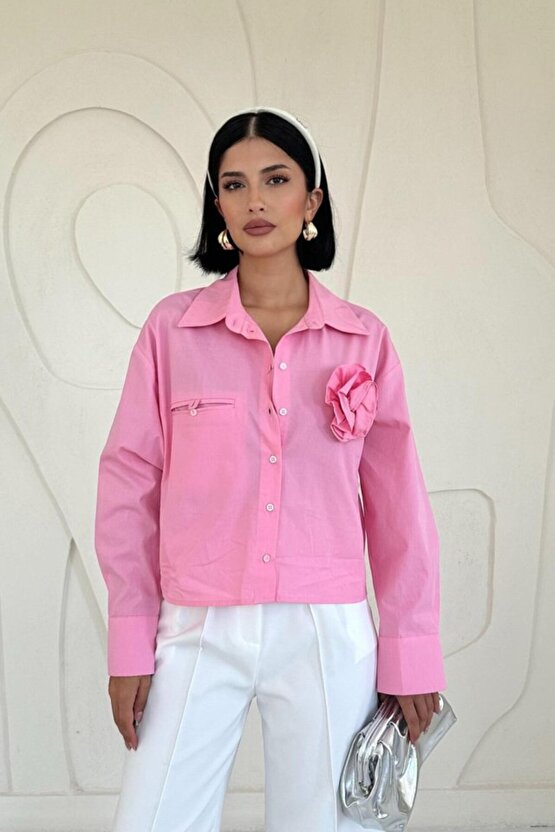 munn collection Pembe Fleto Cepli Poplin Gömlek